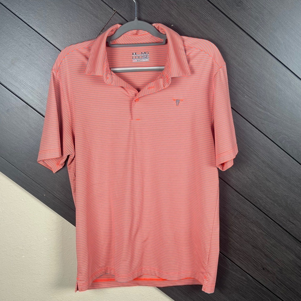 Under Armour Men Polo Shirt HeatGear MD Loose Striped Orange Gray Longhorn Logo